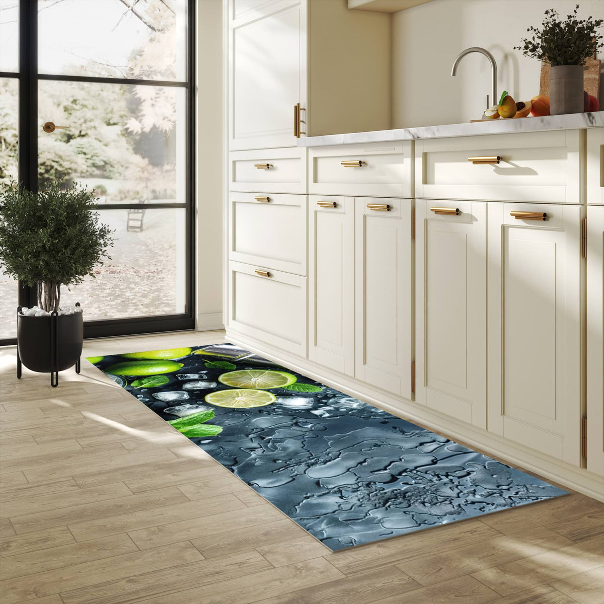 Komfortabler langer Teppich mit Motiv Frische Limetten in heller Küche