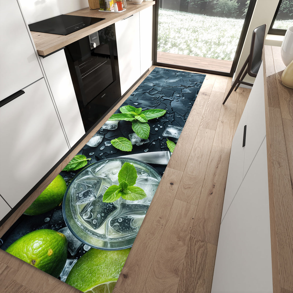 Formstabiler Küchenläufer mit Motiv Frische Limetten in moderner Küche