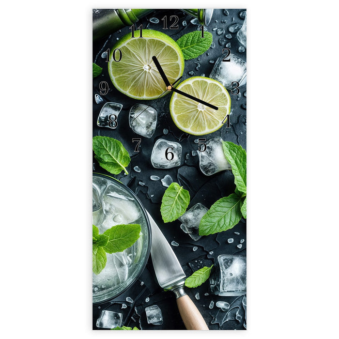 Wanduhr Frische Limetten aus Glas – Hochformat 30 × 60 cm mit Ziffernblatt Klassisch