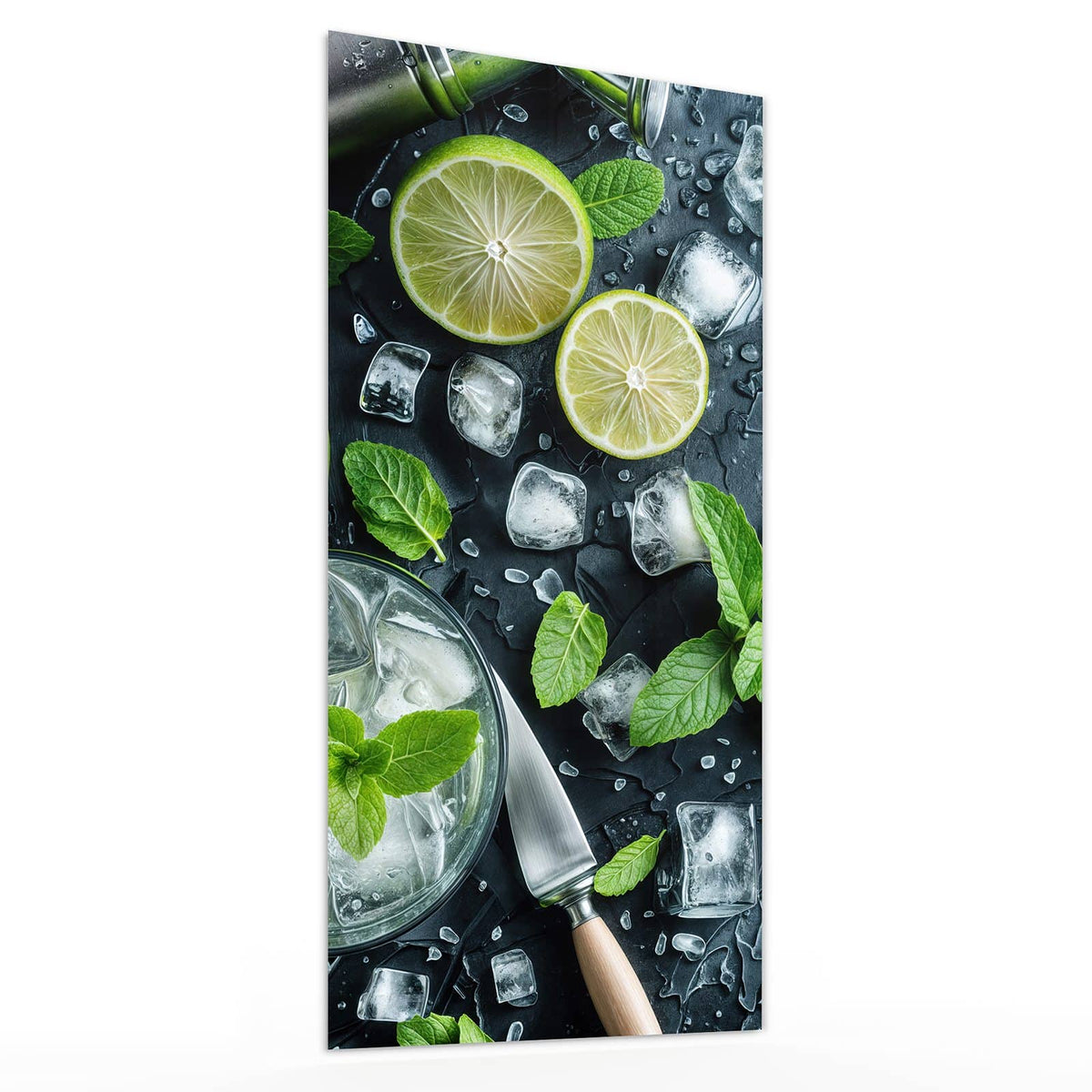 Wandbild aus Glas Frische Limetten schräg von der Seite, 4 mm starkes Echtglas #grösse_30 x 60 cm #grösse_40 x 80 cm #grösse_50 x 100 cm #grösse_55 x 110 cm #grösse_60 x 120 cm