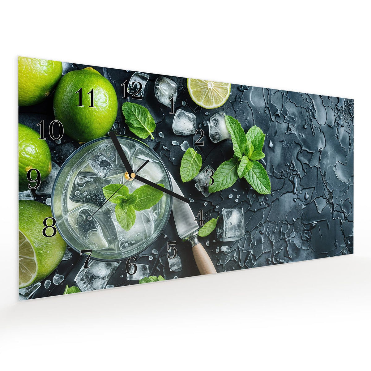 Vormontiert – mit Schwebeeffekt – Wanduhr Frische Limetten aus Glas – Querformat 60 × 30 cm