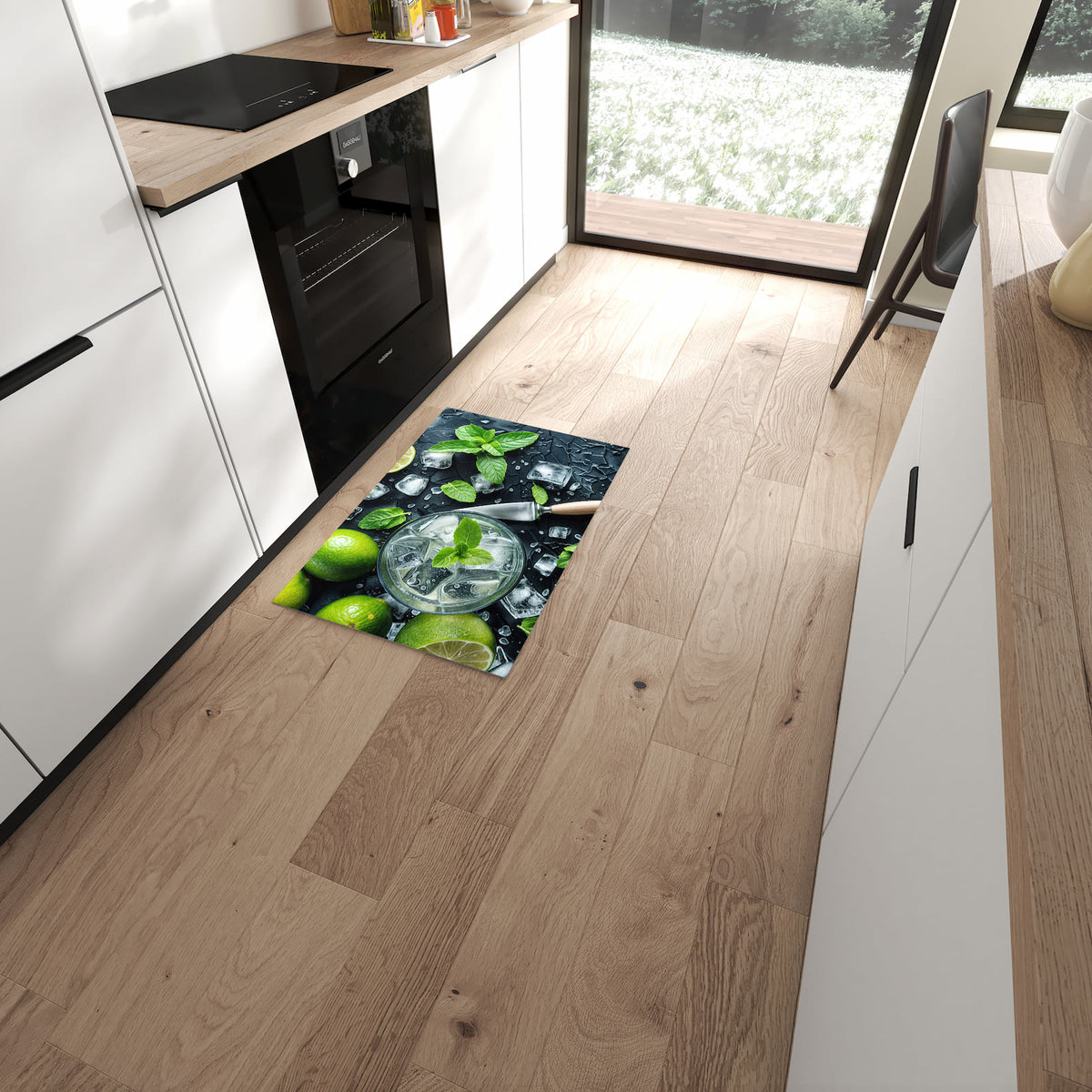 Bodenschonender rutschfester Küchenläufer mit Motiv Frische Limetten in moderner Küche