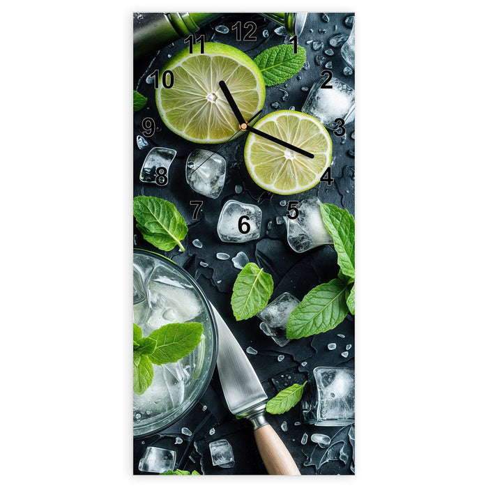 Wanduhr Frische Limetten aus Glas – Hochformat 30 × 60 cm mit Ziffernblatt Modern