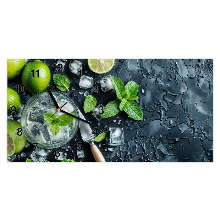 Wanduhr Frische Limetten aus Glas – Querformat 60 × 30 cm mit Ziffernblatt Modern