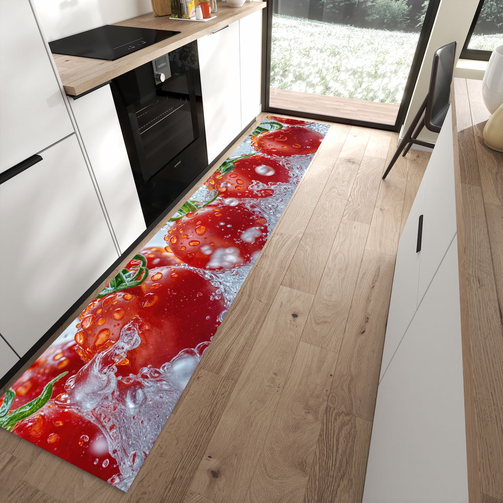 Geruchsneutraler rutschfester Küchenteppich mit Motiv Wassertomaten in moderner Küche