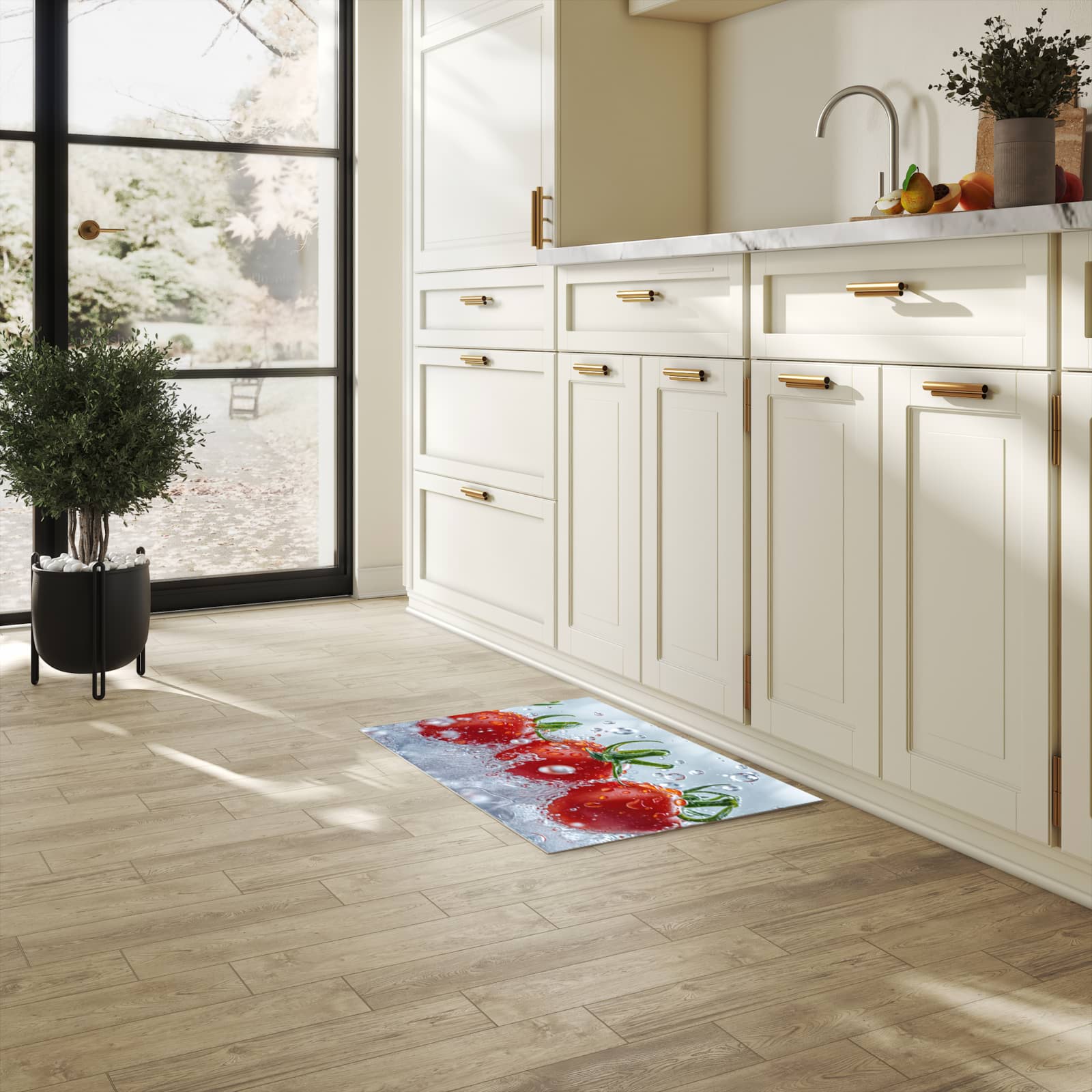 Hygienischer Küchenteppich mit Motiv Wassertomaten in heller Küche