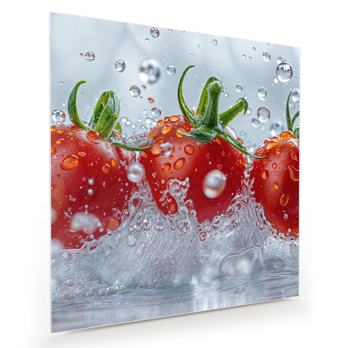 Drei rote Strauchtomaten, die in aufspritzendes Wasser eintauchen, Tropfen in der Luft