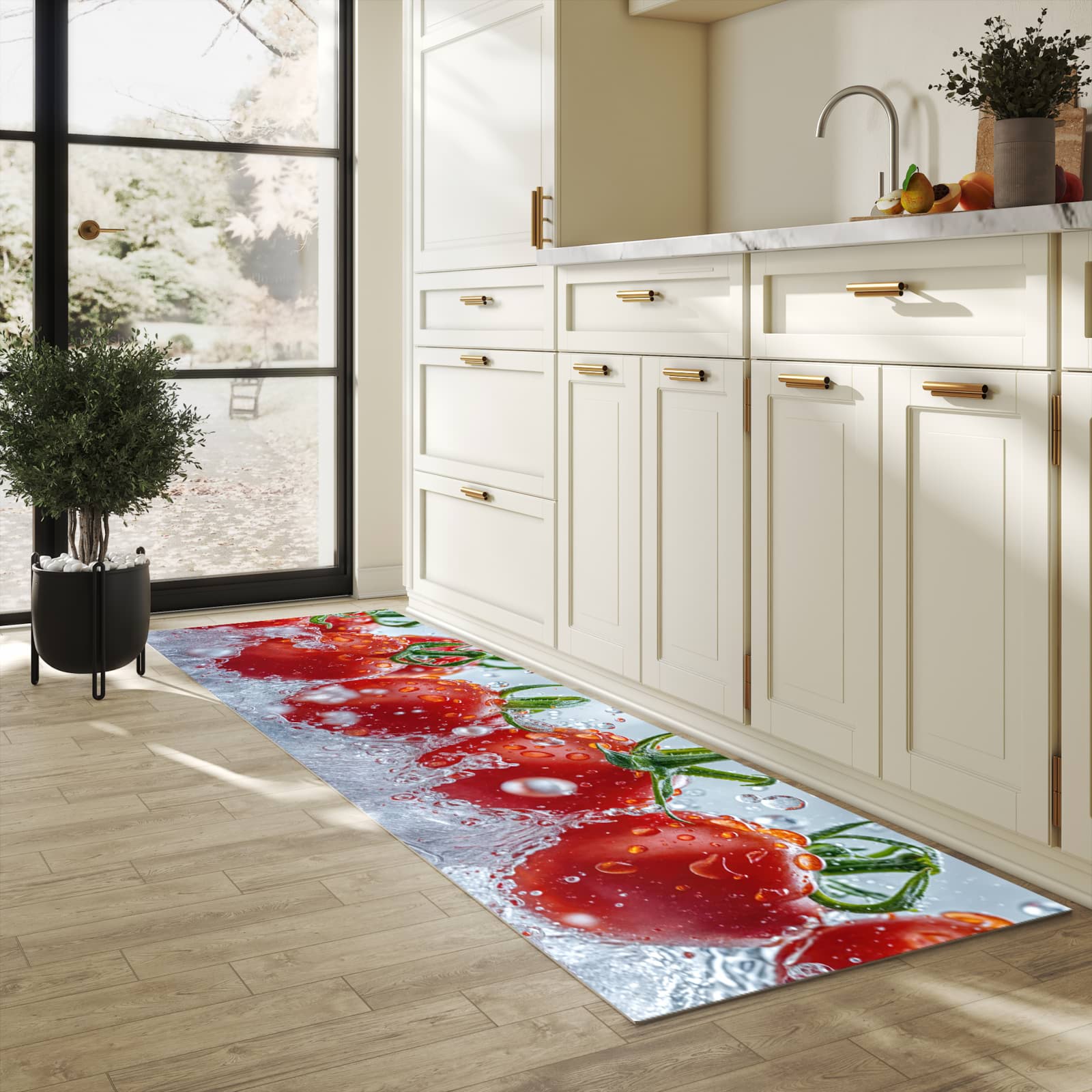 Langlebiger Küchenteppich mit Motiv Wassertomaten in heller Küche
