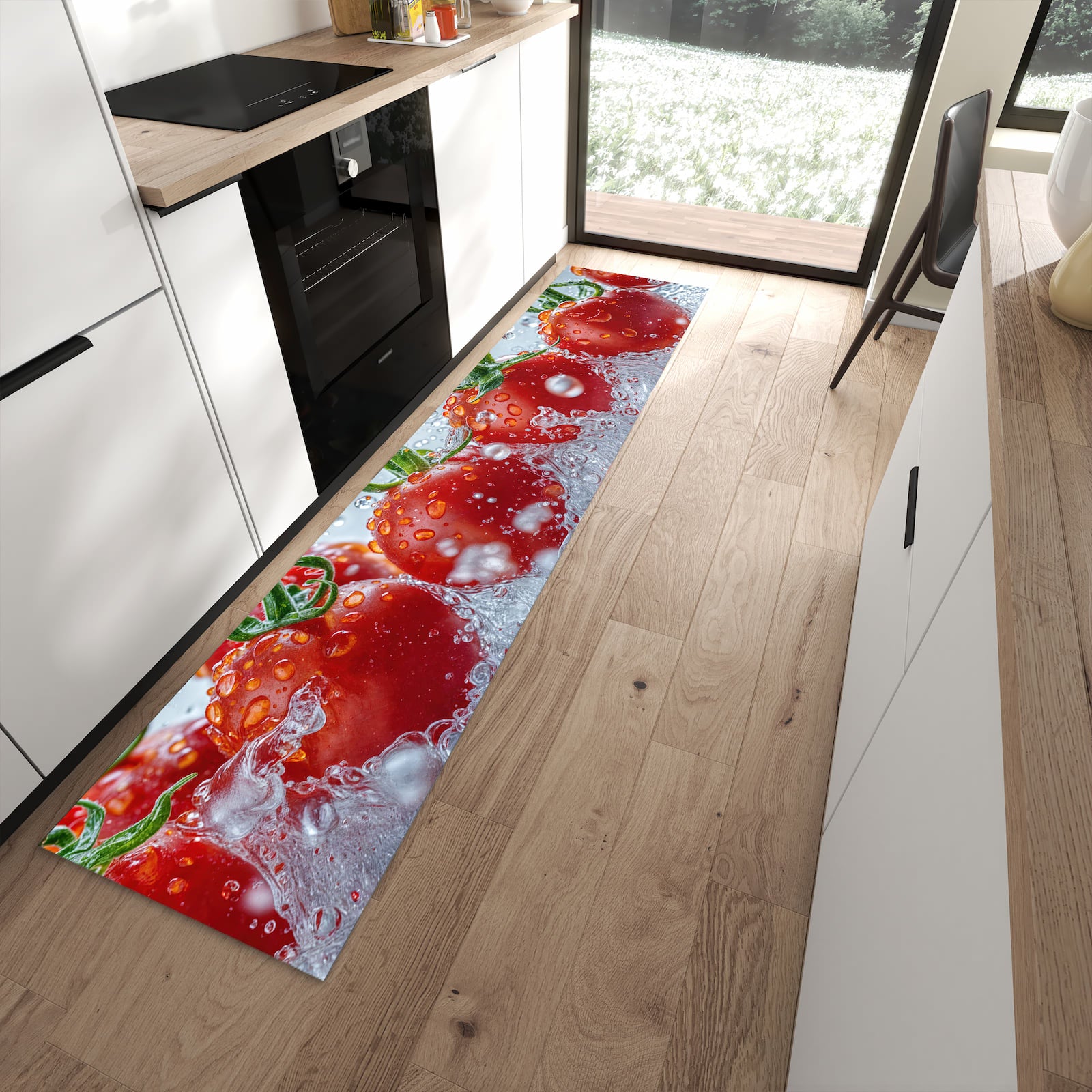 Schmutzabweisender Küchenteppich mit Motiv Wassertomaten in moderner Küche