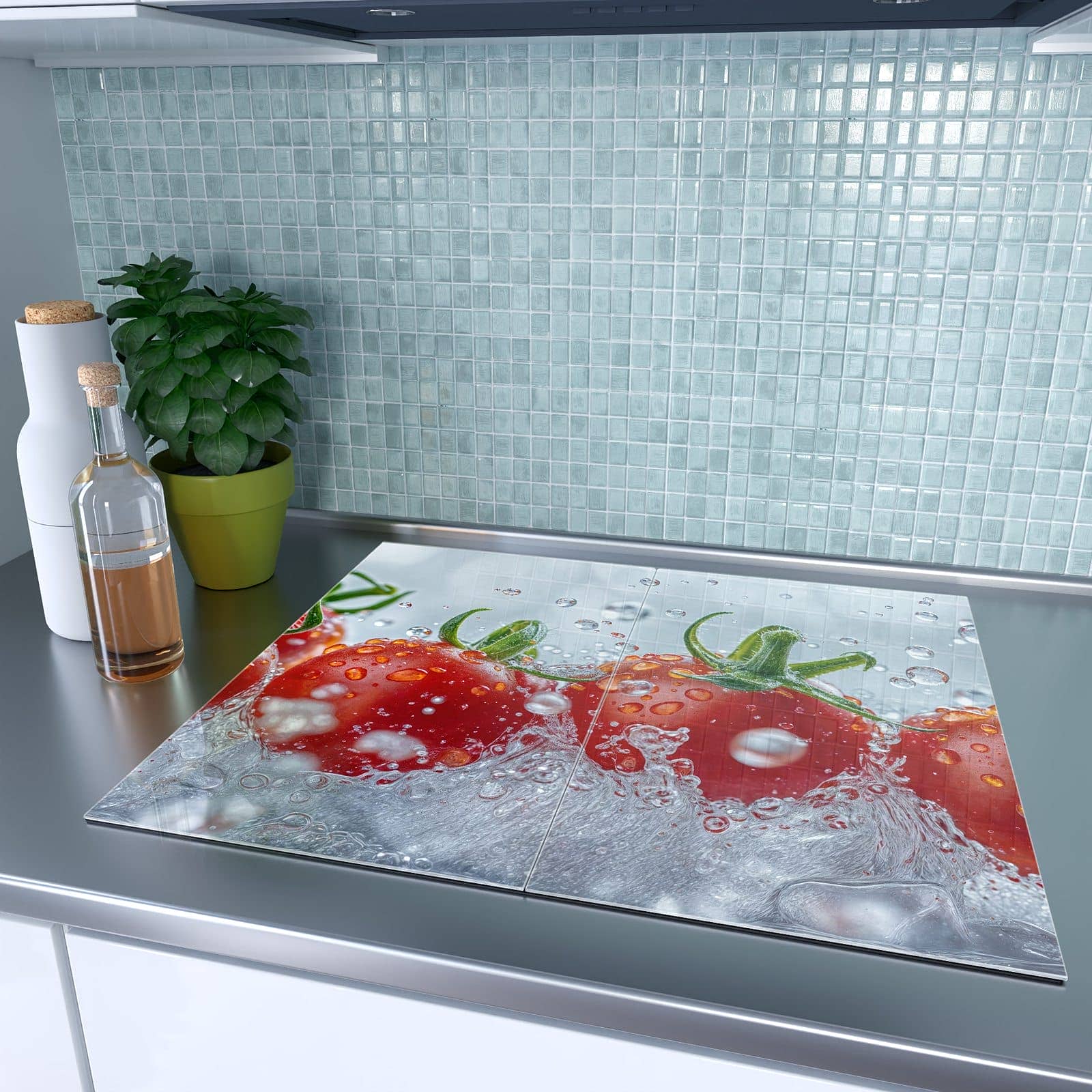 2-teilige Herdabdeckplatte aus Glas mit Wassertomaten-Motiv auf dem Ceranfeld