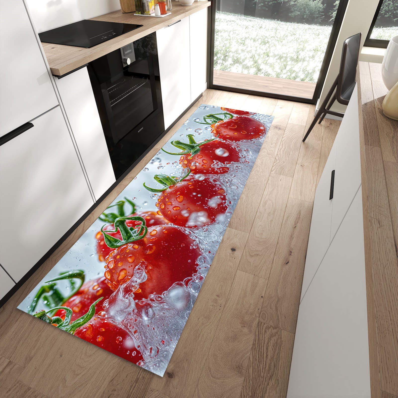 Pflegeleichter waschbarer Küchenteppich mit Motiv Wassertomaten in moderner Küche
