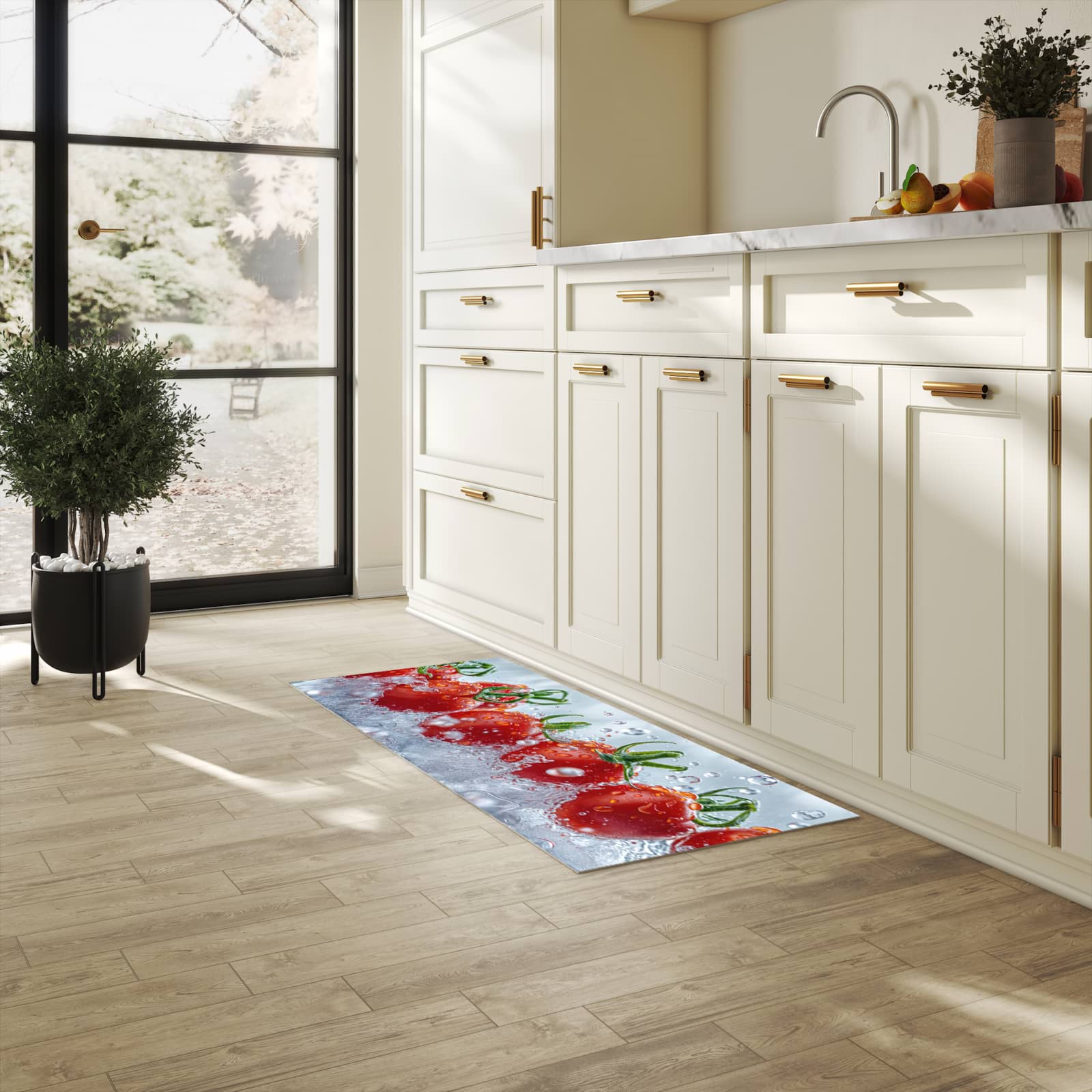 Pflegeleichter Küchenläufer mit Motiv Wassertomaten in heller Küche
