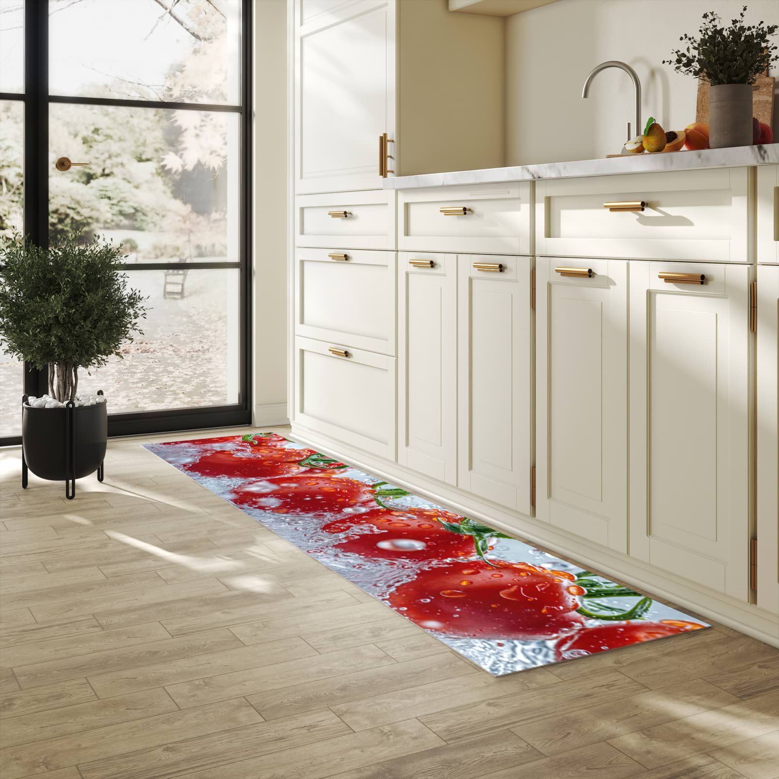 Pflegeleichter Küchenteppich mit Motiv Wassertomaten in heller Küche