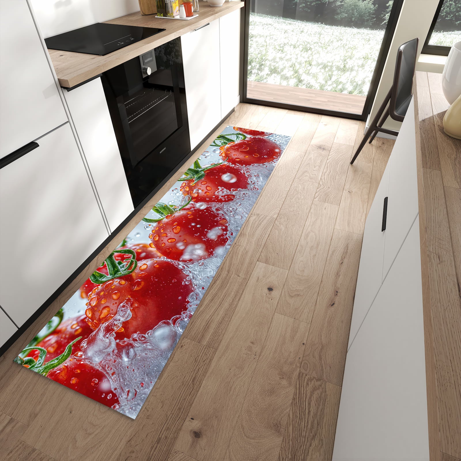 Fleckenresistenter waschbarer Küchenteppich mit Motiv Wassertomaten in moderner Küche