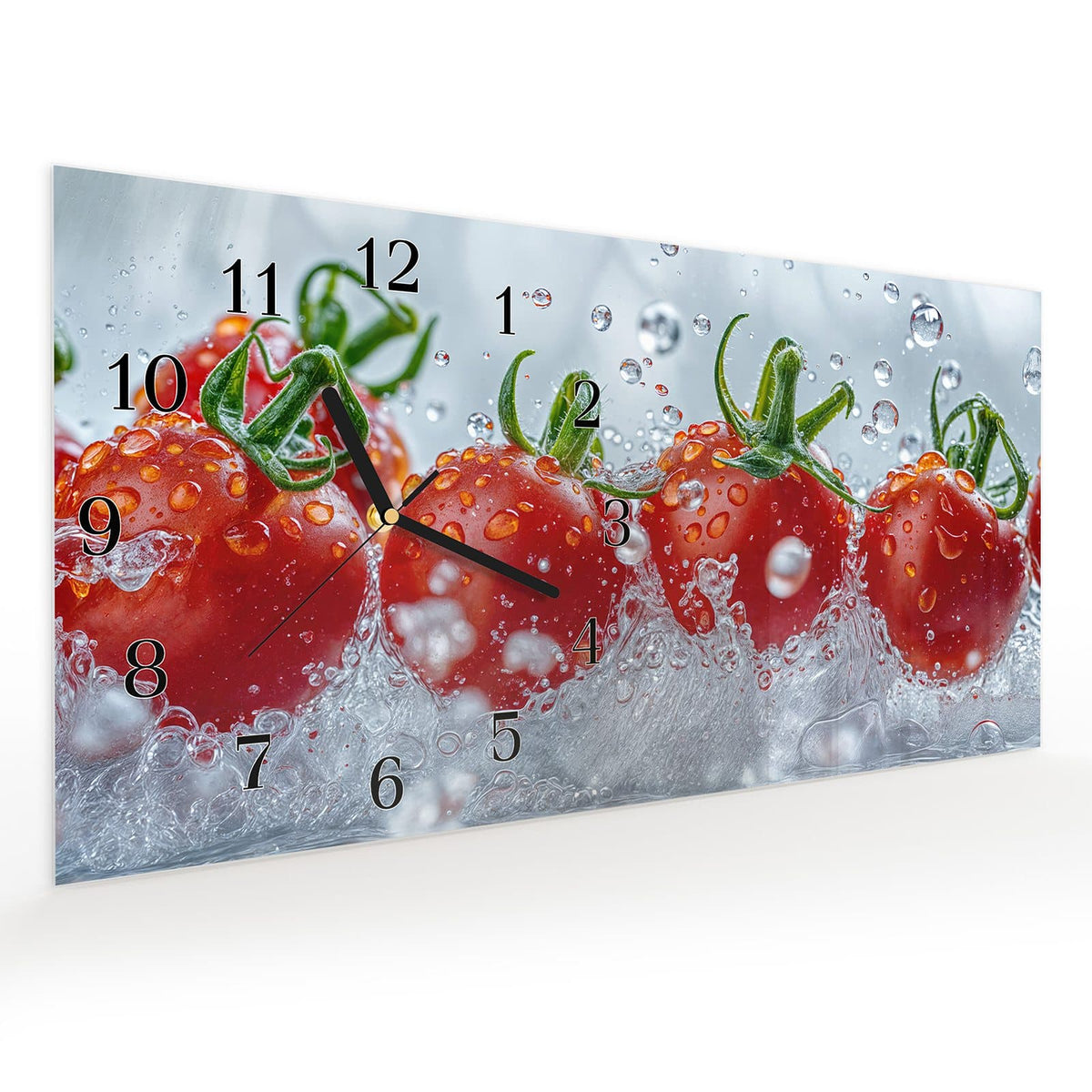 Vormontiert – mit Schwebeeffekt – Wanduhr Wassertomaten aus Glas – Querformat 60 × 30 cm