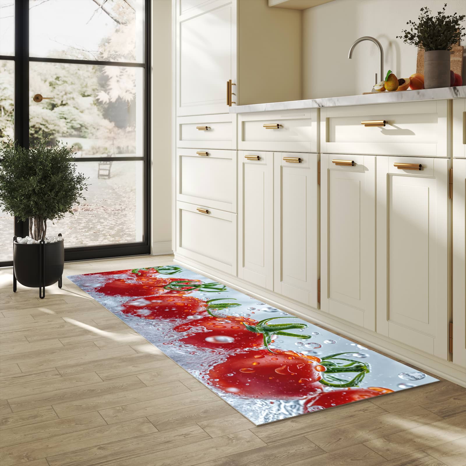 Waschbarer Küchenteppich mit Motiv Wassertomaten in heller Küche
