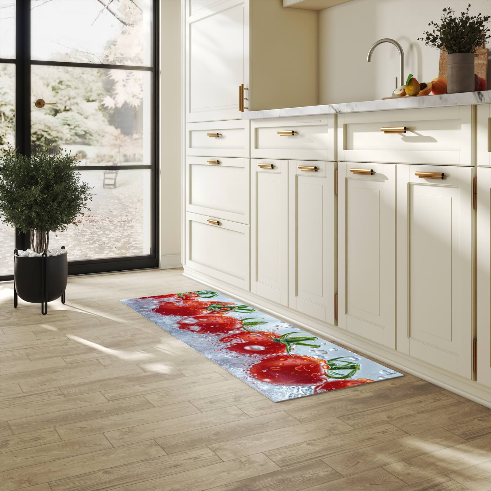 Komfortabler abwaschbarer Küchenteppich mit Motiv Wassertomaten in heller Küche