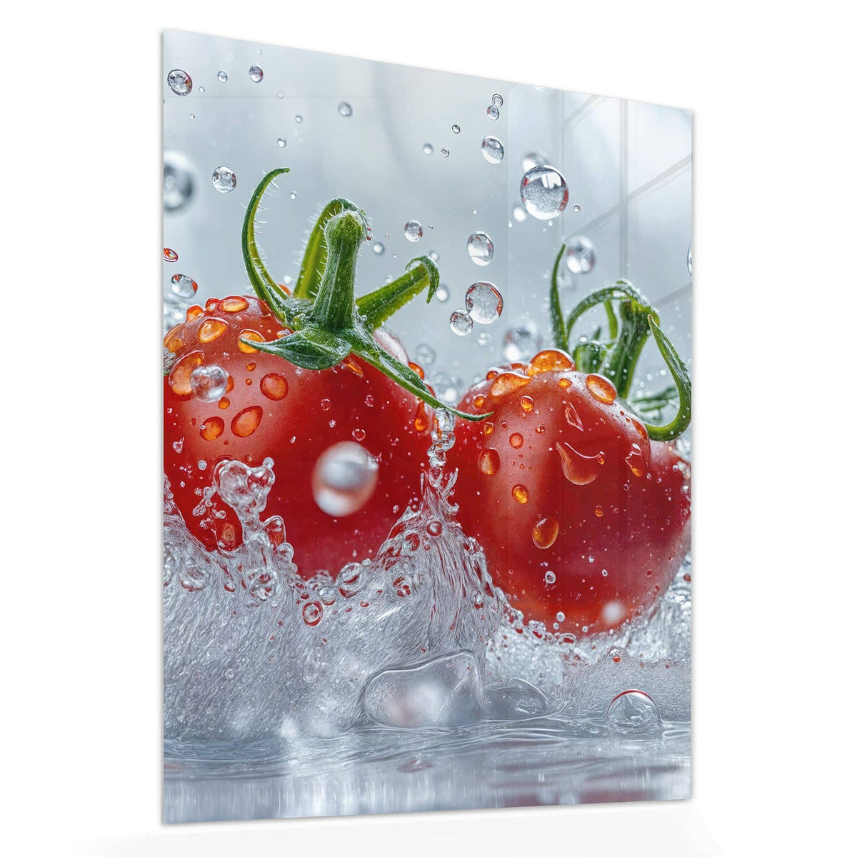 Echtglas, 4 mm – kein Acryl, keine Folie – Wandbild - Tomaten im Wasser - Hochformat