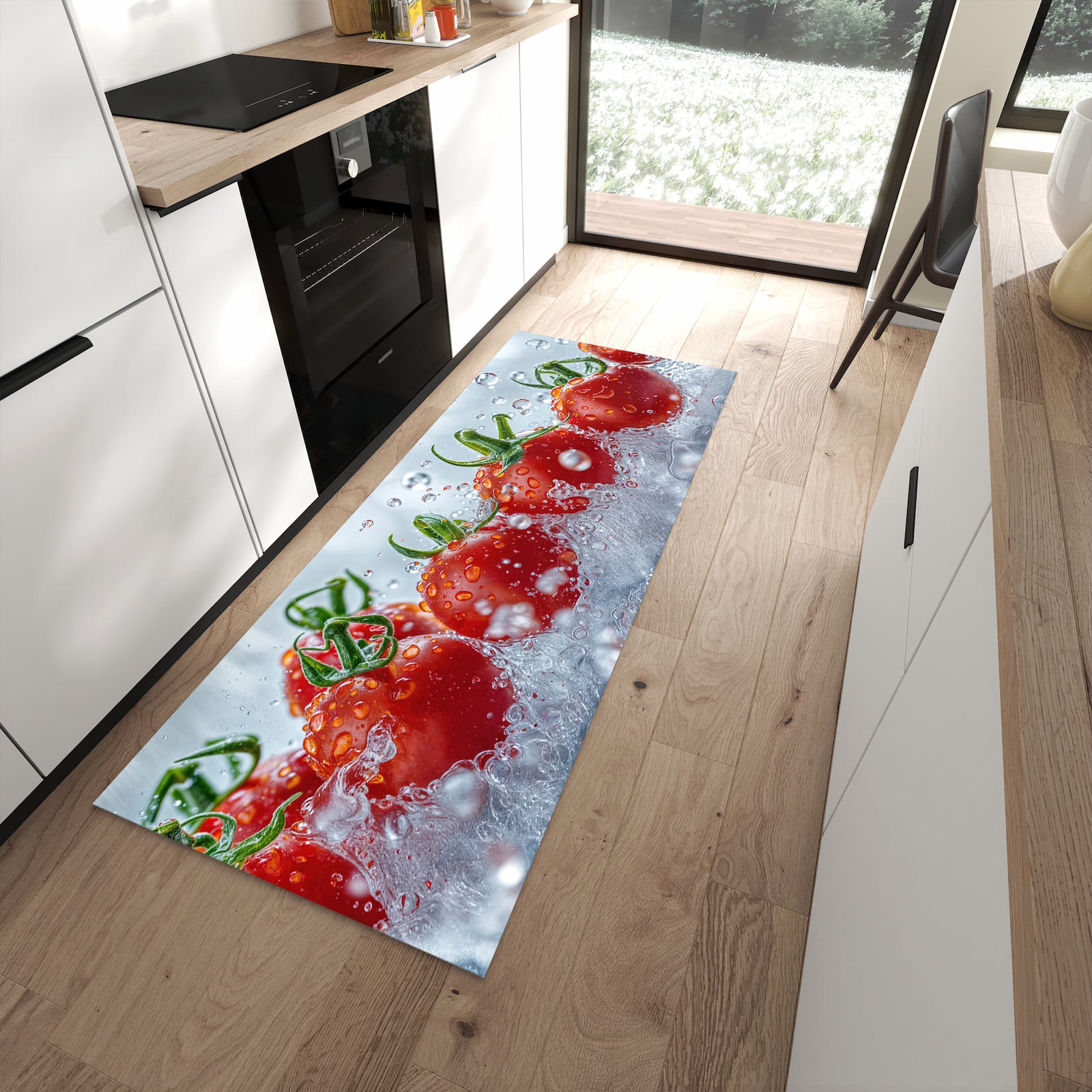 Flacher Küchenteppich mit Motiv Wassertomaten in moderner Küche - waschbar