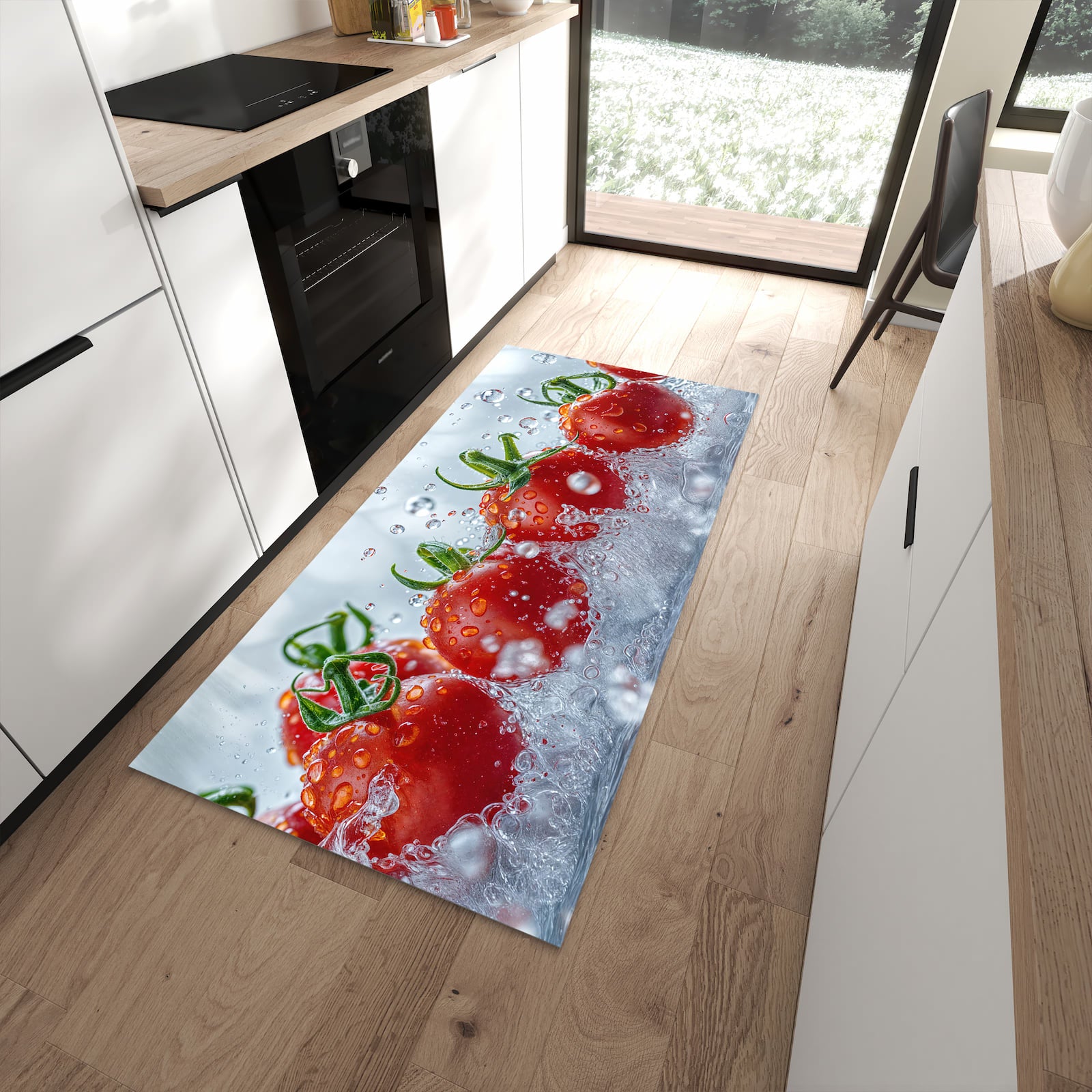 Waschbarer Küchenteppich mit Motiv Wassertomaten in moderner Küche