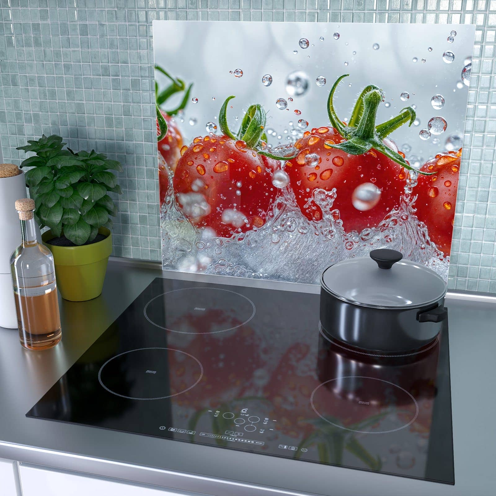 1-teilige Abdeckplatte für Ceranfeld mit Wassertomaten-Motiv als Spritzschutz hinter dem Kochfeld