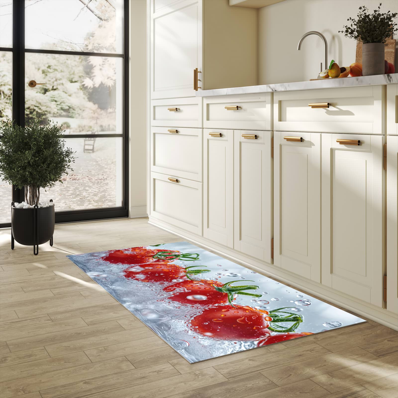 Abriebfester Läufer für die Küche mit Motiv Wassertomaten in heller Küche