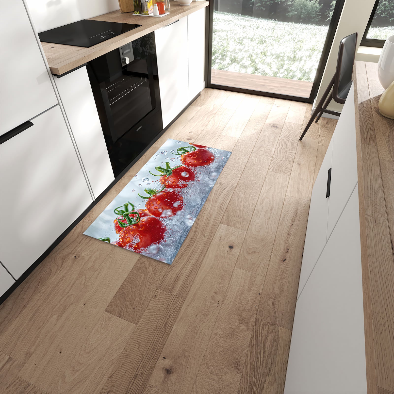UV-beständiger Bodenläufer mit Motiv Wassertomaten in moderner Küche #grösse_60 x 120 cm