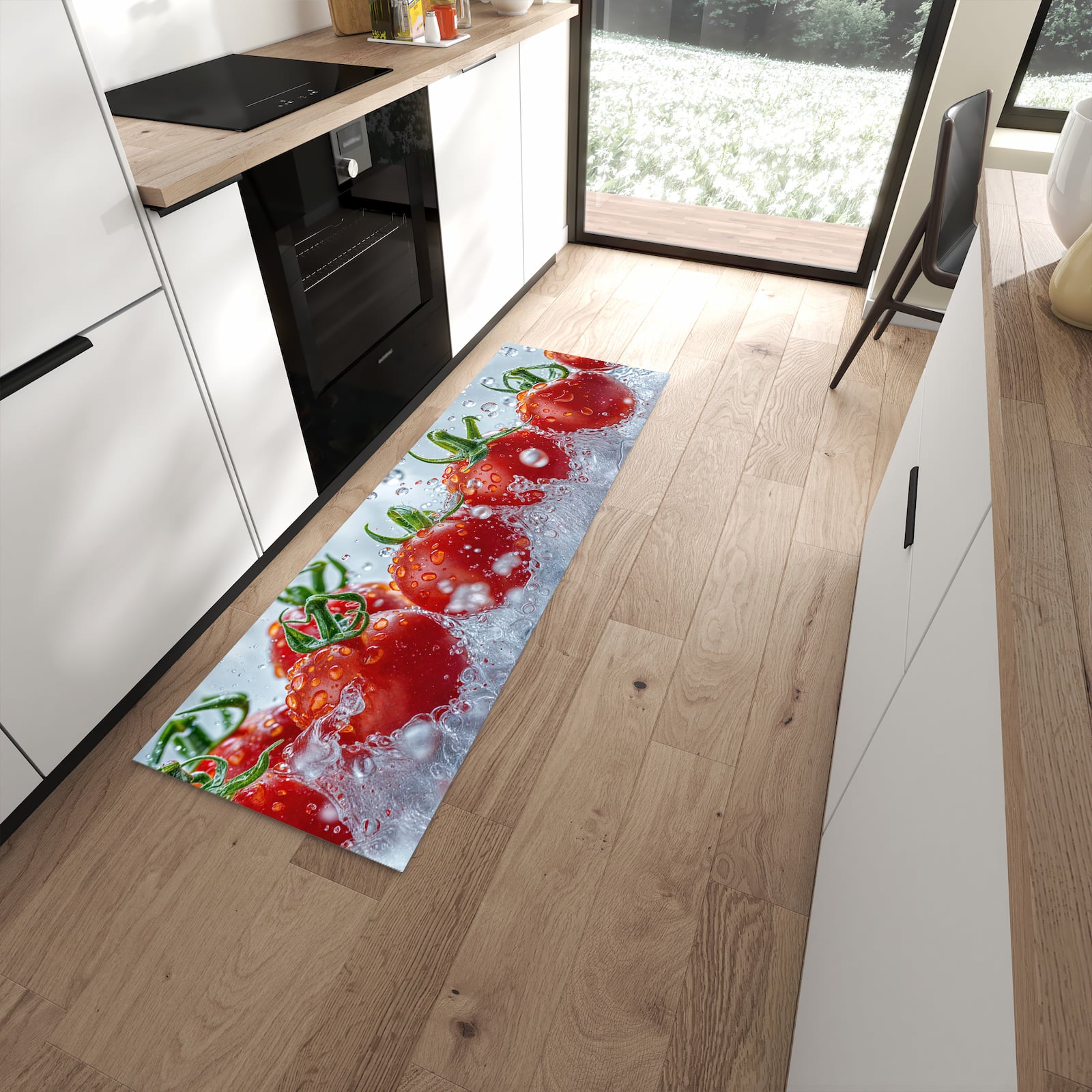 Wasserabweisender Küchenteppich mit Motiv Wassertomaten in moderner Küche