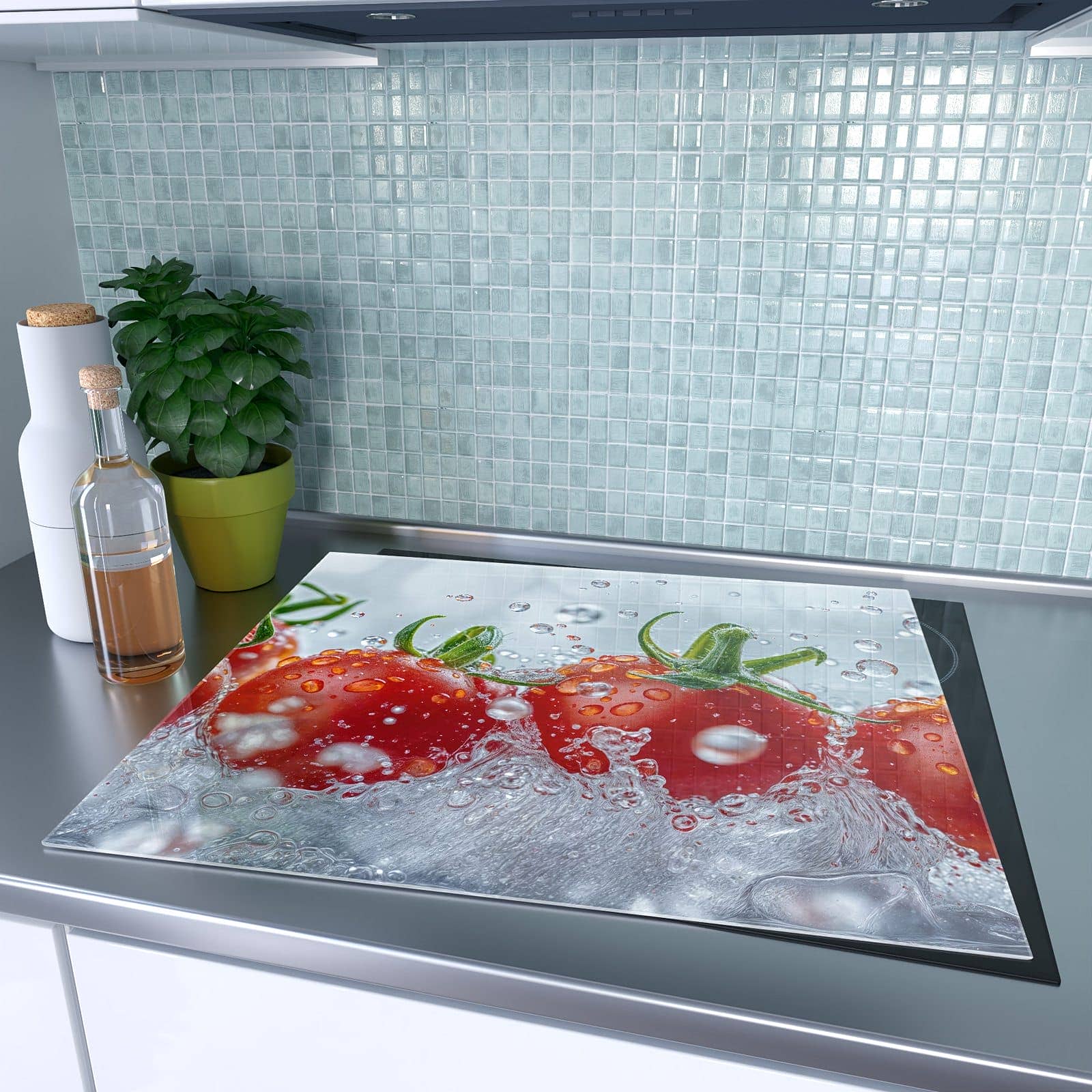 1-teilige Herdabdeckung aus Holz mit Wassertomaten-Motiv auf dem Ceranfeld