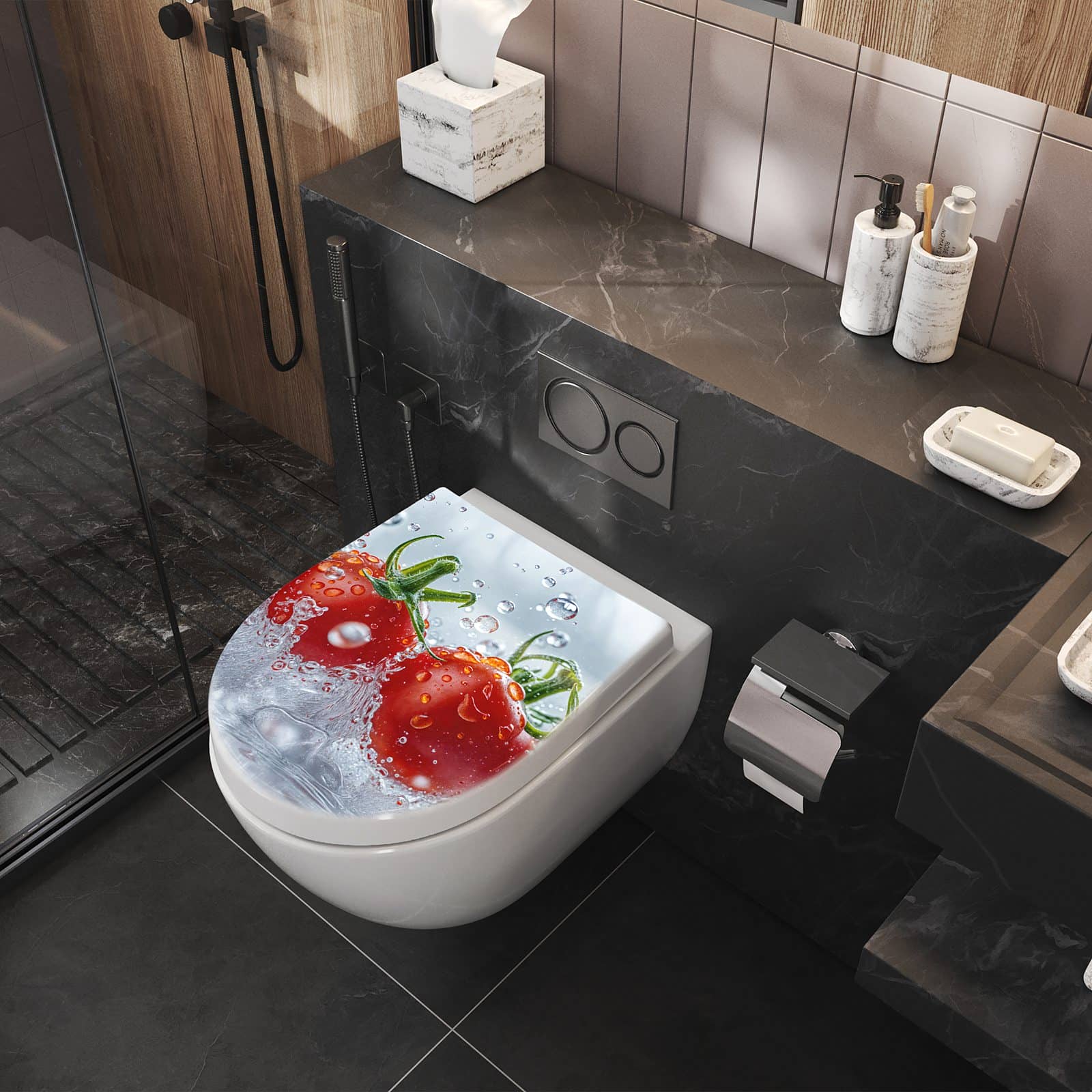 WC-Sitz mit Absenkautomatik Wassertomaten