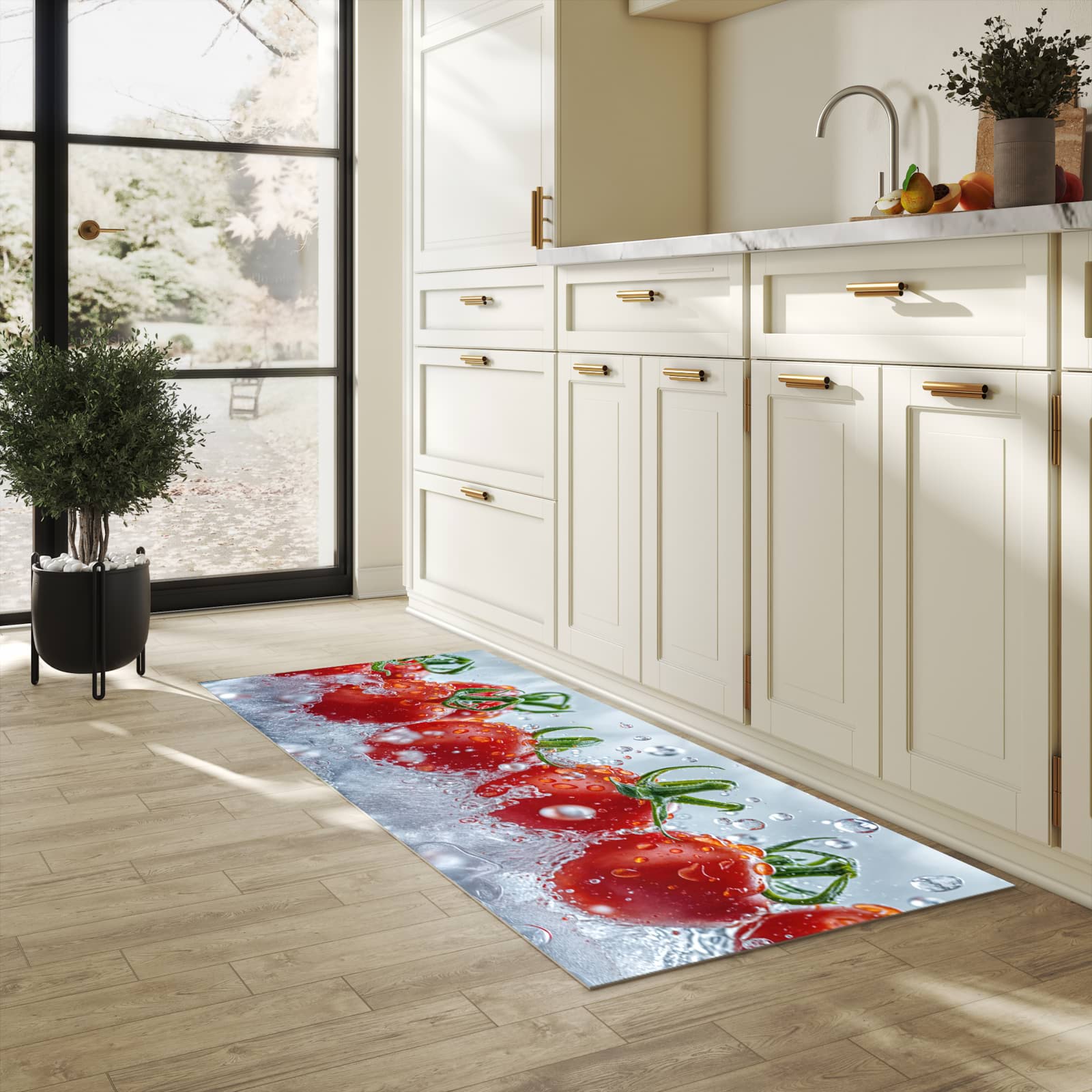 Strapazierfähiger Küchenteppich mit Motiv Wassertomaten in heller Küche
