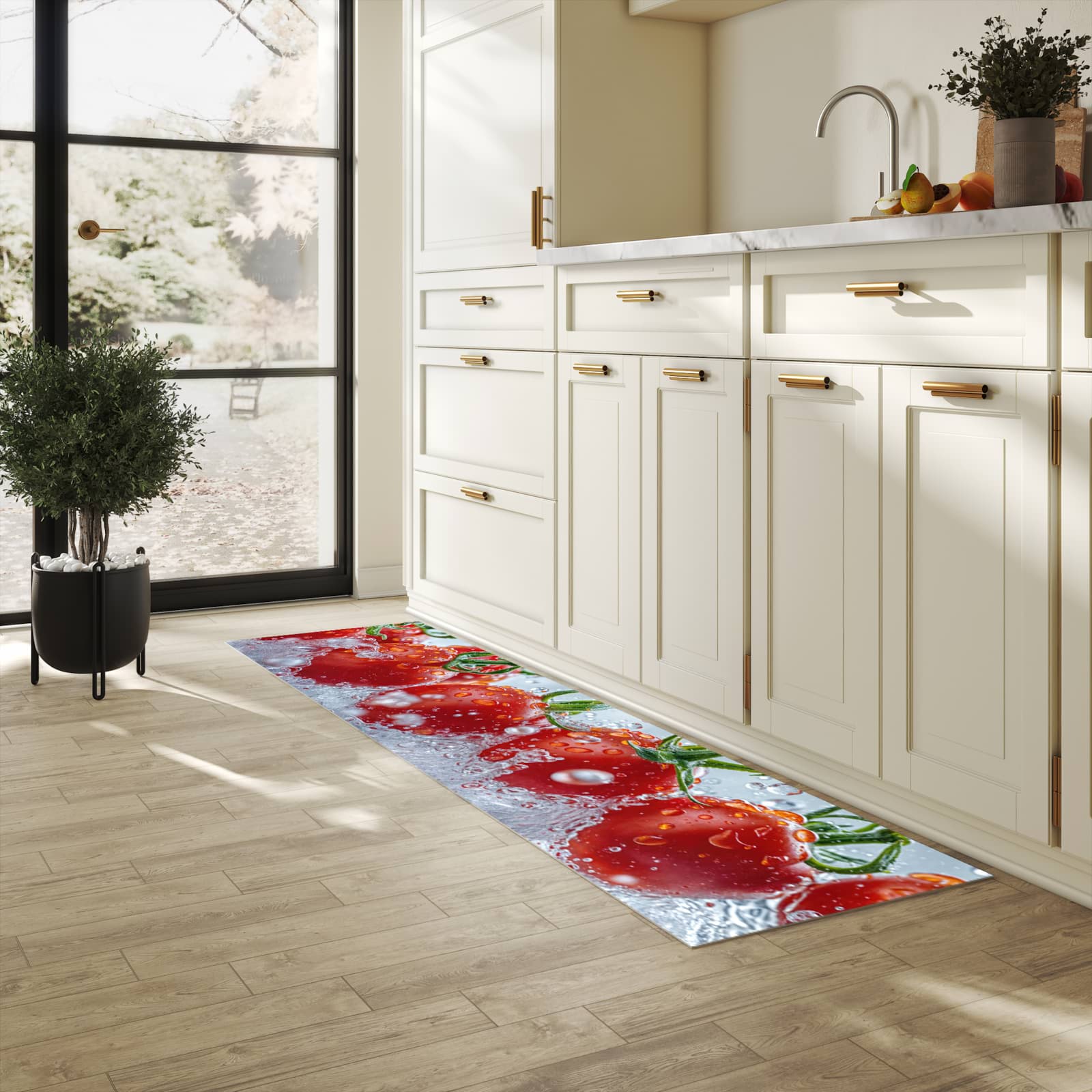Rutschfester Küchenläufer mit Motiv Wassertomaten in heller Küche