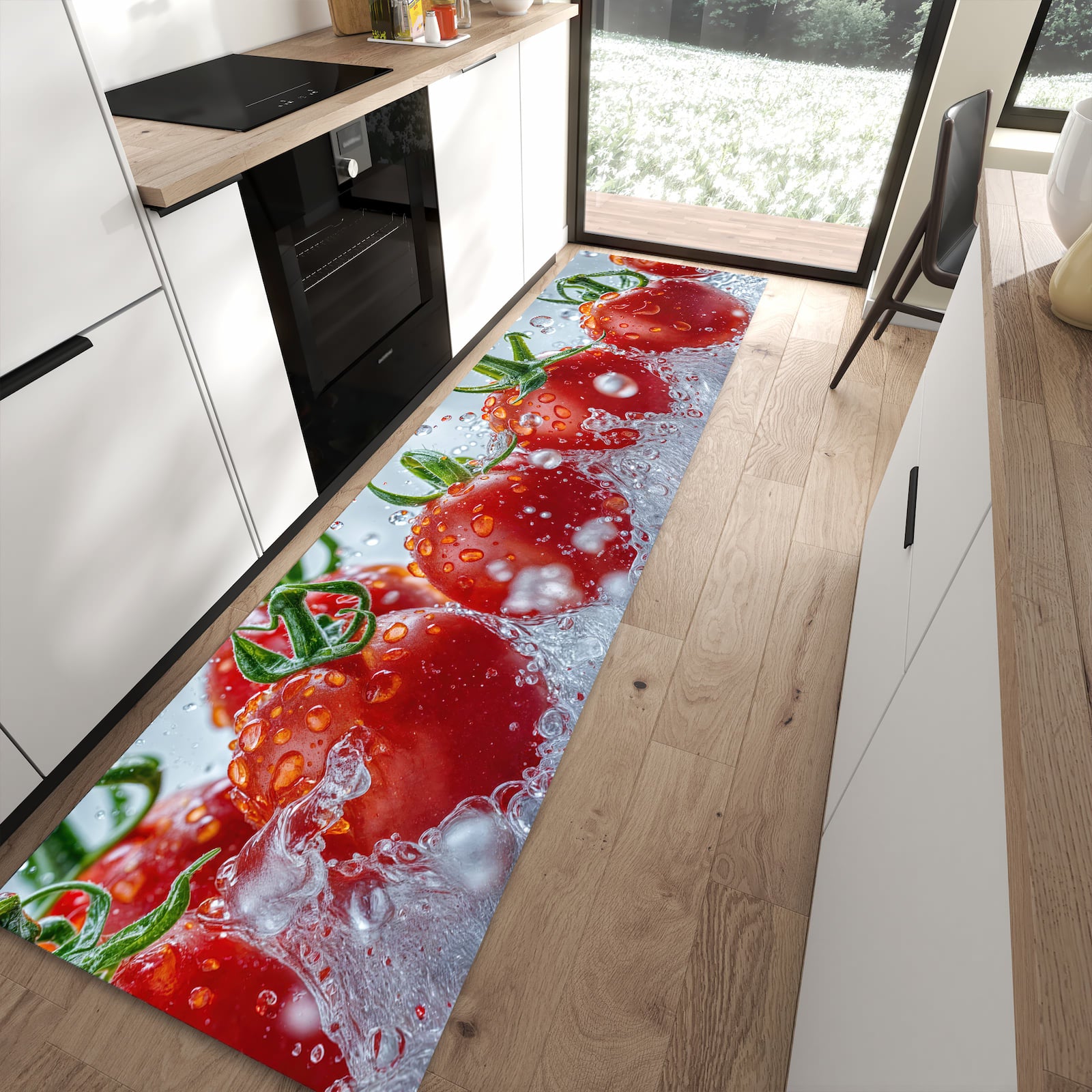 Rutschfester Küchenteppich mit Motiv Wassertomaten in moderner Küche