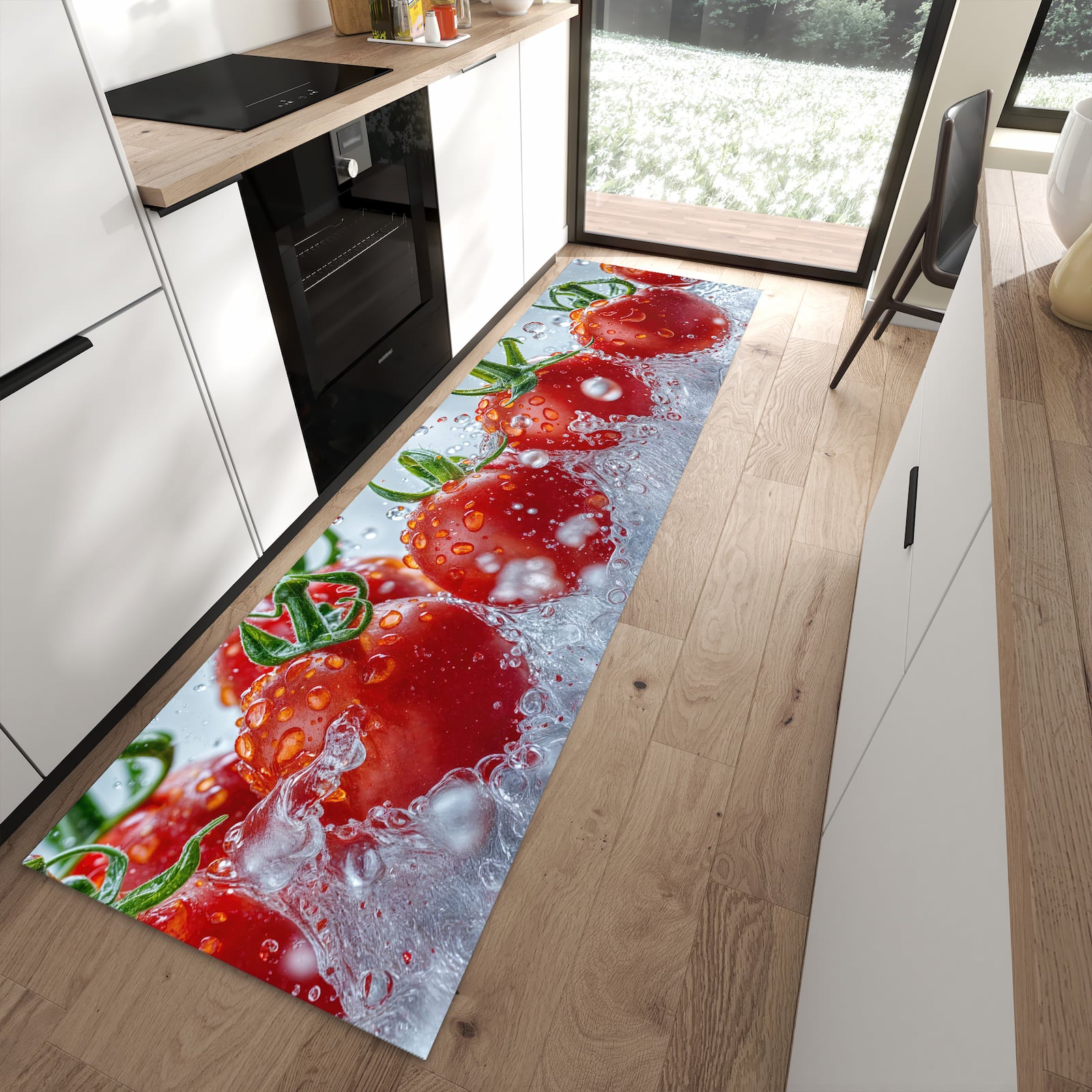Komfortabler großer Küchenteppich mit Motiv Wassertomaten in moderner Küche