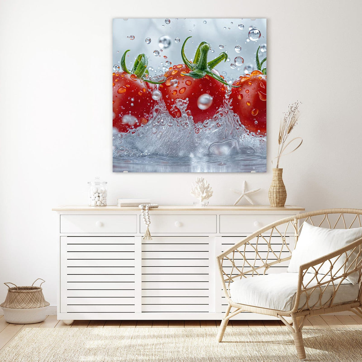 Glasbild Tomaten im Wasser an der Wand – Drei rote Strauchtomaten, die in aufspritzendes Wasser eintauchen, Tropfen in der Luft
