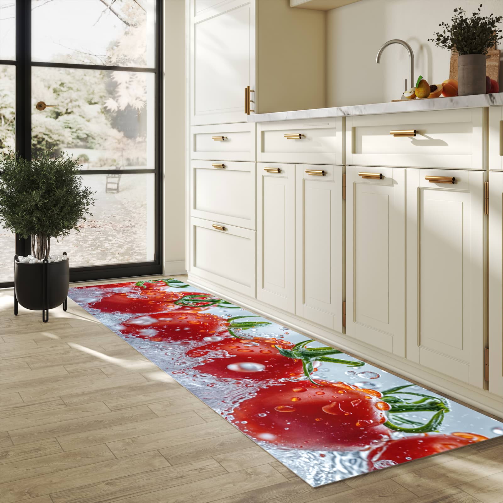 Rutschfester Küchenteppich mit Motiv Wassertomaten in heller Küche