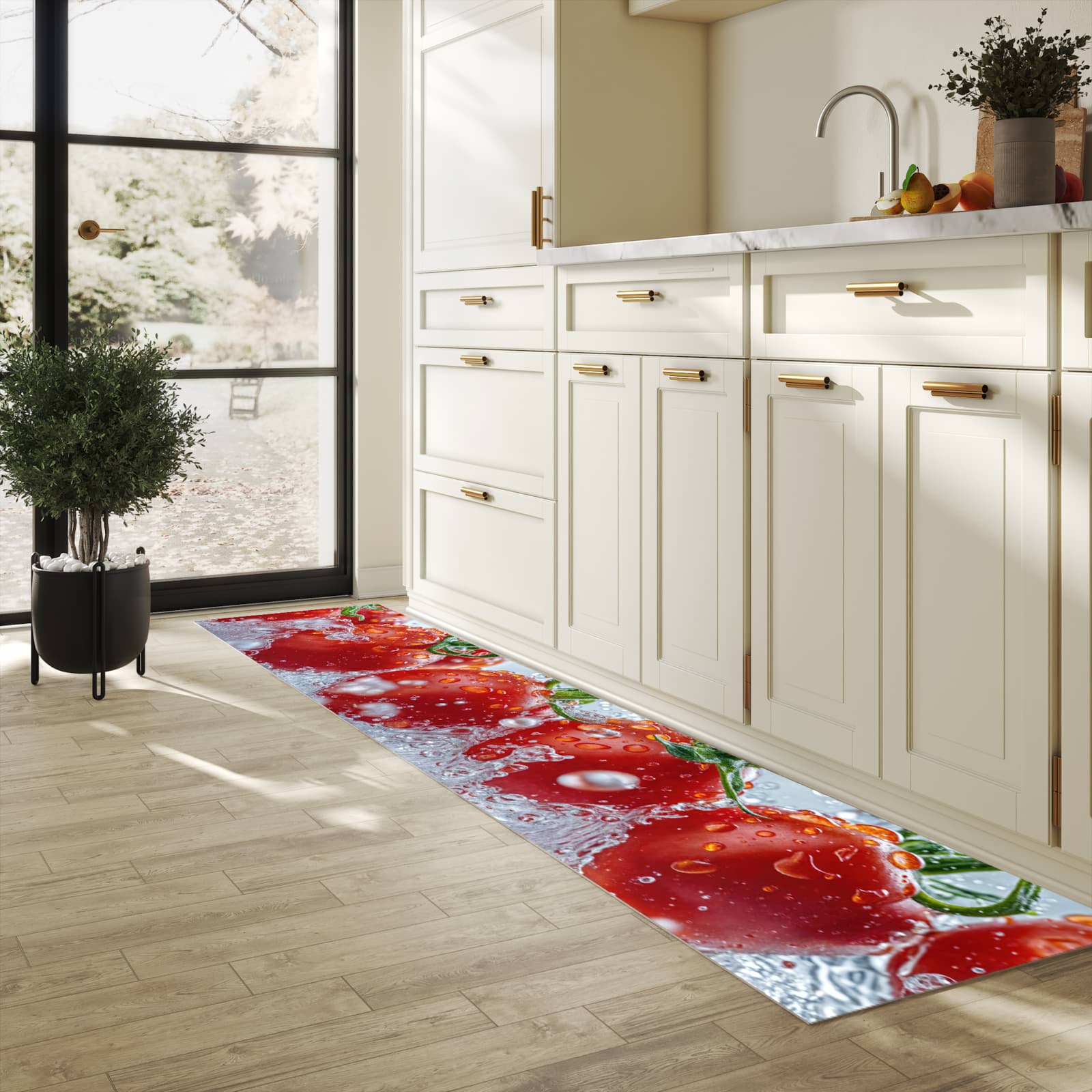 Küchenteppich mit Motiv Wassertomaten für angenehme Haptik in heller Küche