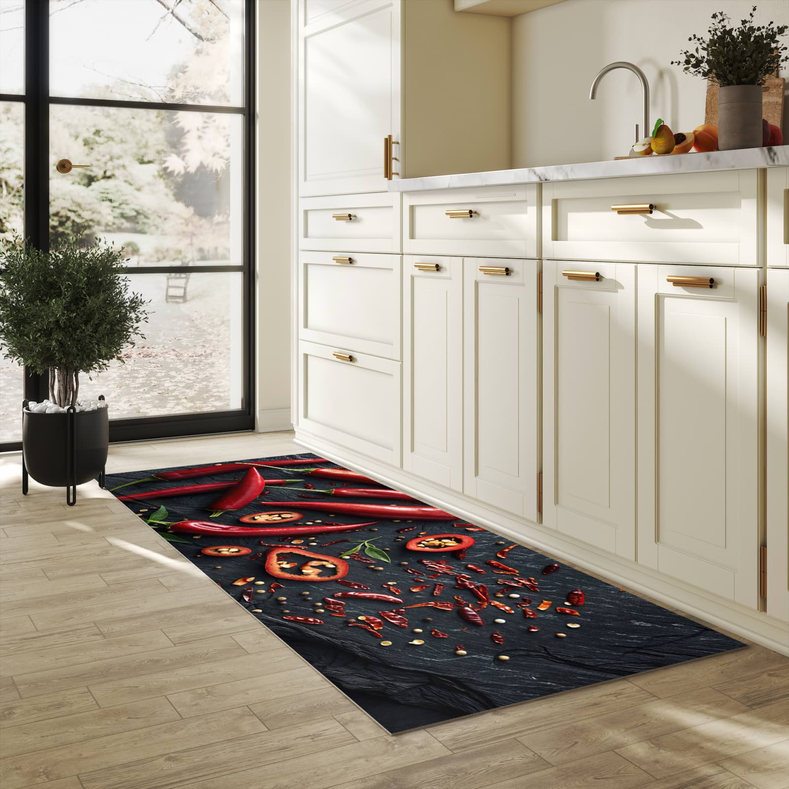 Langlebiger, waschbarer Küchenläufer mit Motiv Rote Chili Schoten in heller Küche