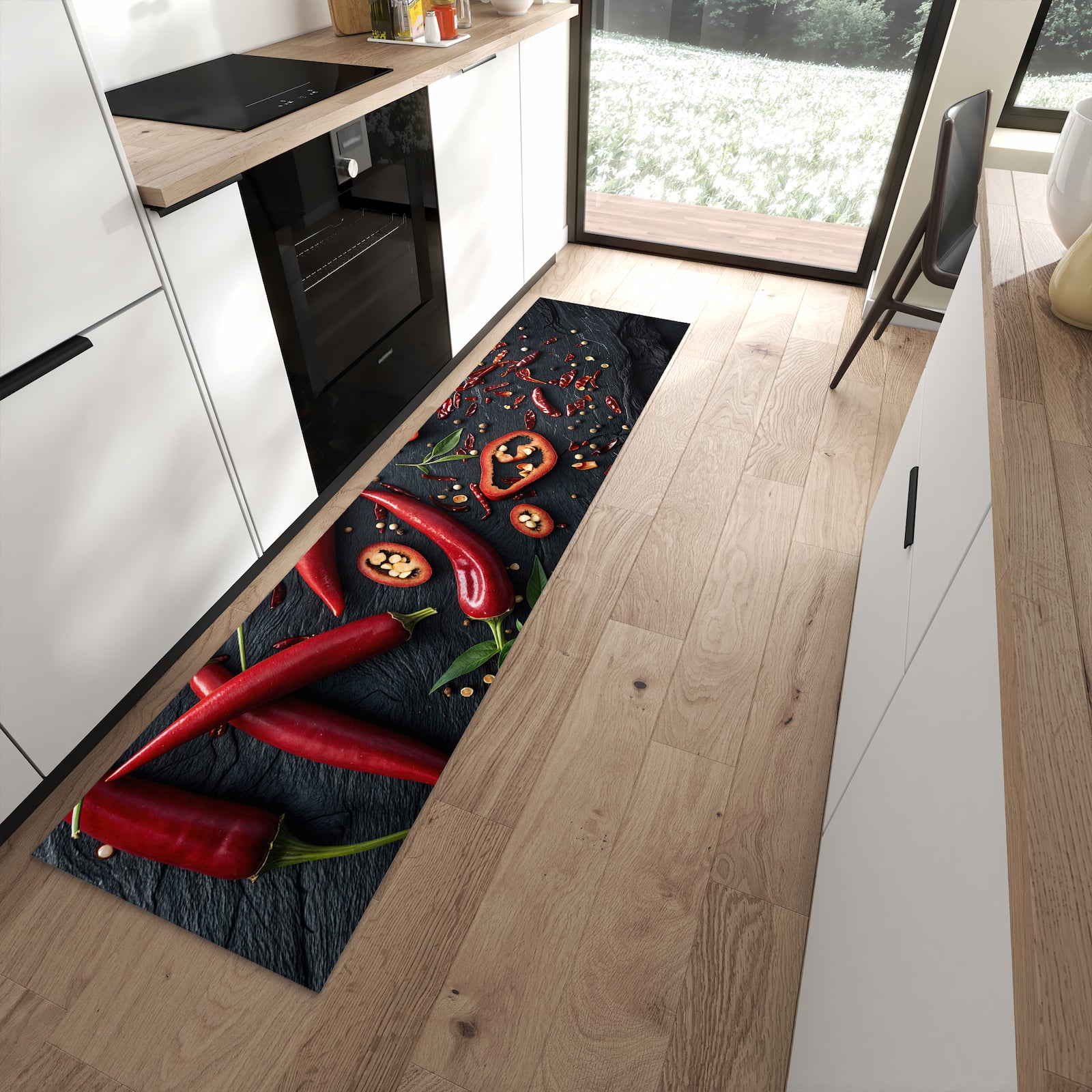 Feuchtigkeitsresistenter waschbarer Küchenläufer mit Motiv Rote Chili Schoten in moderner Küche