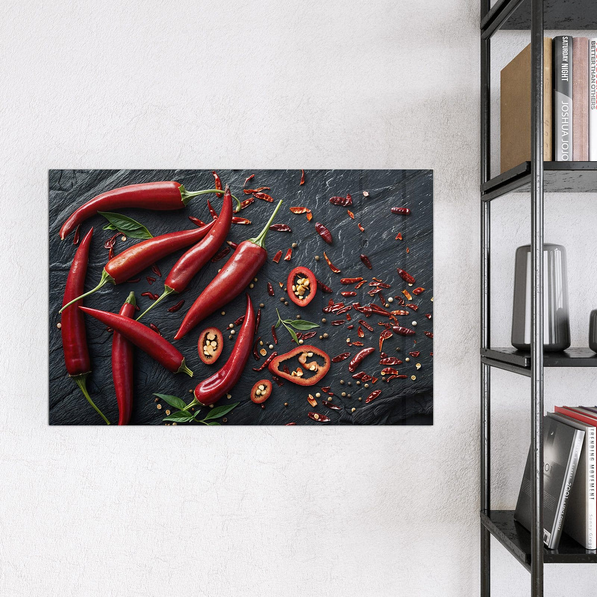 Magnettafel - Feurige Chilis – Rote Chilis auf dunklem Schiefer