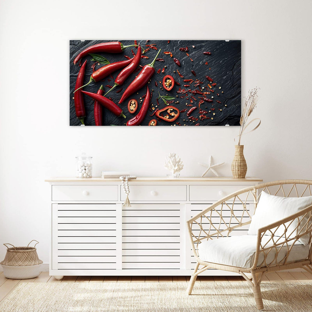 Echtglas, 4 mm – kein Acryl, keine Folie – Wandbild - Feurige Chilis - Querformat