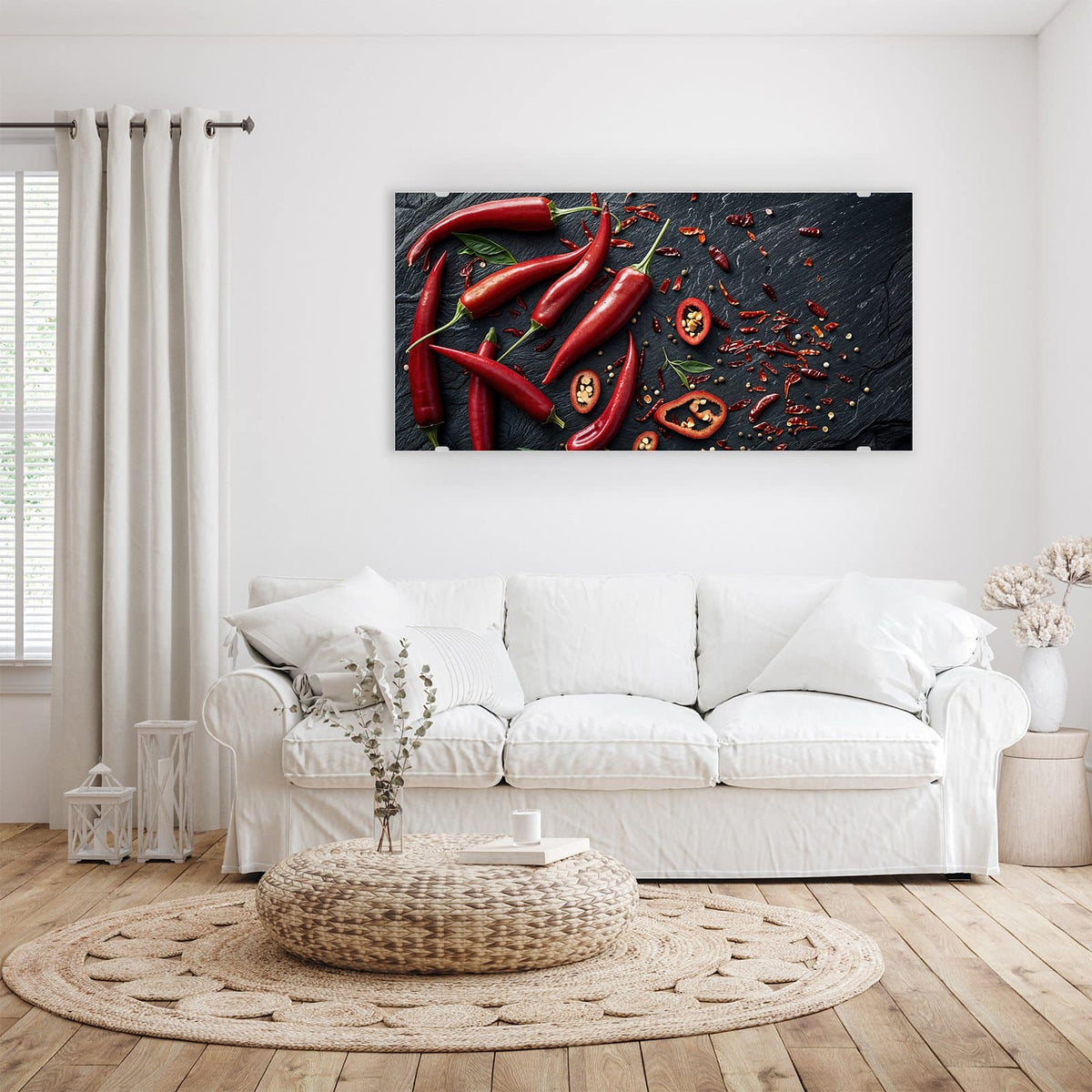 Wandbild - Feurige Chilis - Querformat – Rote Chilis auf dunklem Schiefer