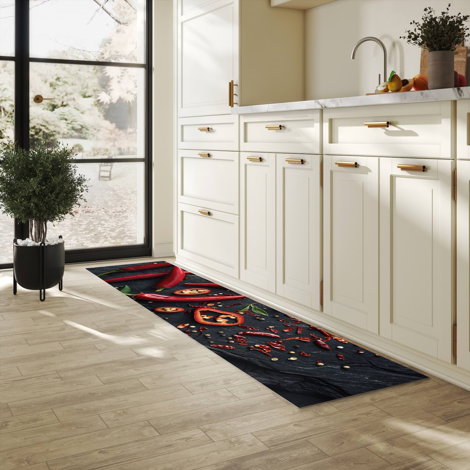Geräuschdämpfender waschbarer Küchenläufer mit Motiv Rote Chili Schoten in heller Küche
