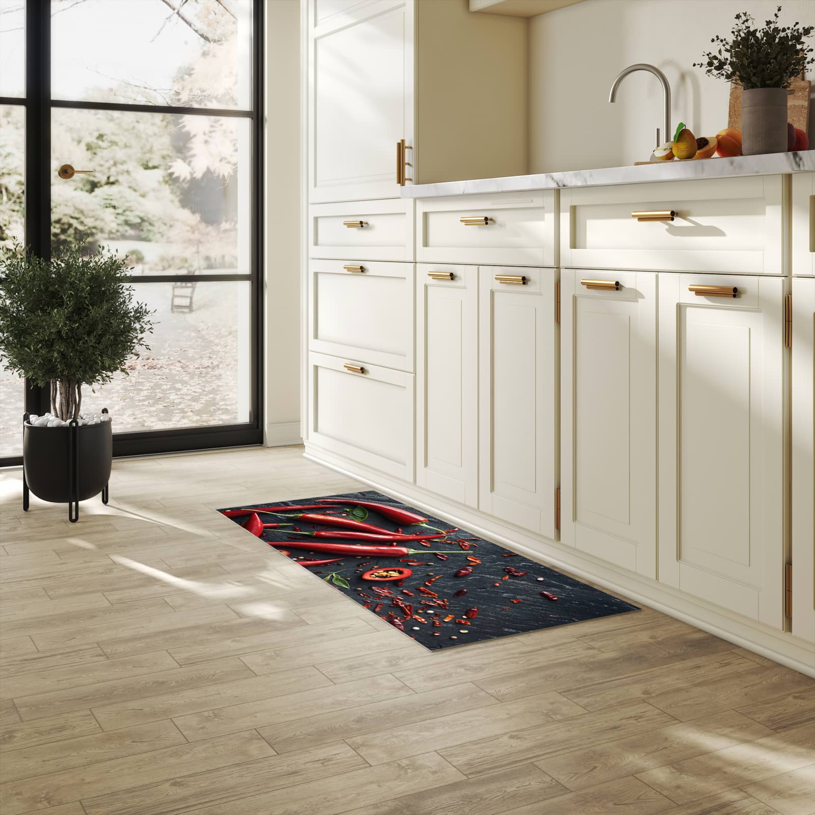 Formstabiler waschbarer Küchenteppich mit Motiv Rote Chili Schoten in heller Küche