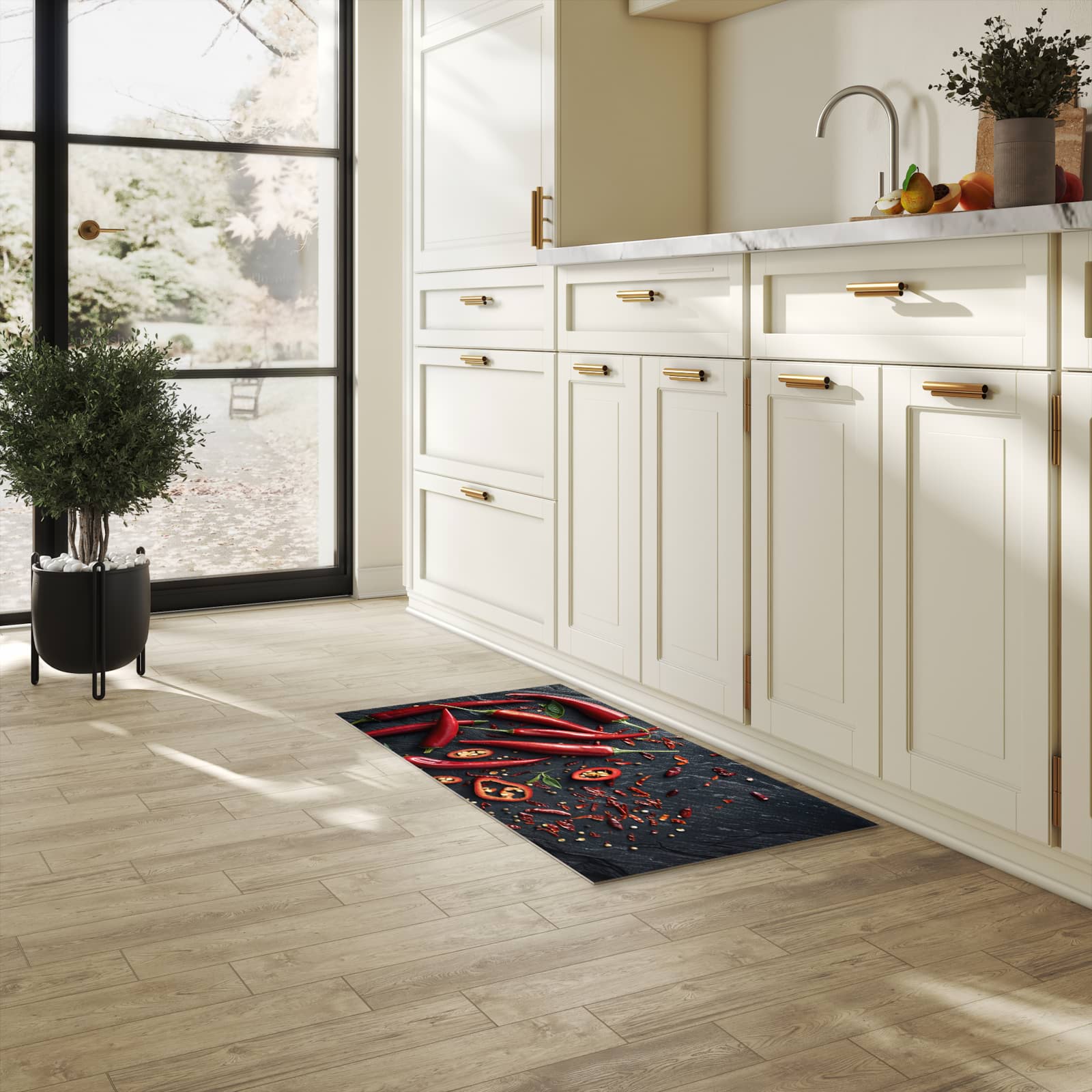 Farbbeständiger rutschfester Küchenteppich mit Motiv Rote Chili Schoten in heller Küche