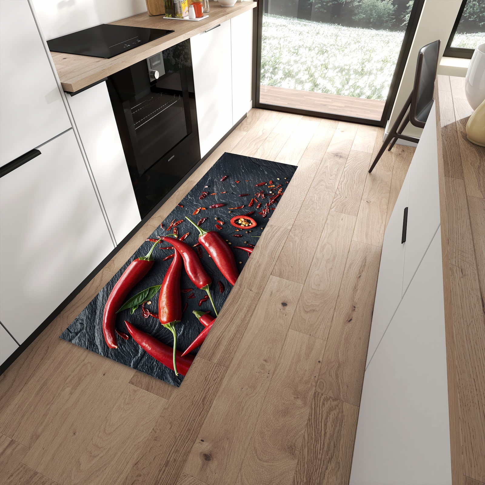 Rutschfester waschbarer Küchenläufer mit Motiv Rote Chili Schoten in moderner Küche