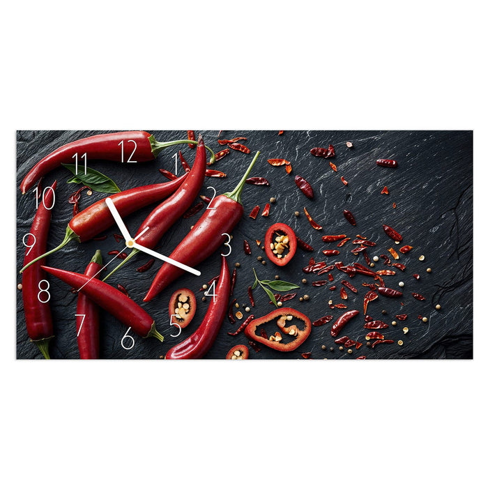 Wanduhr Rote Chili Schoten aus Glas – Querformat 60 × 30 cm mit Ziffernblatt Elegant