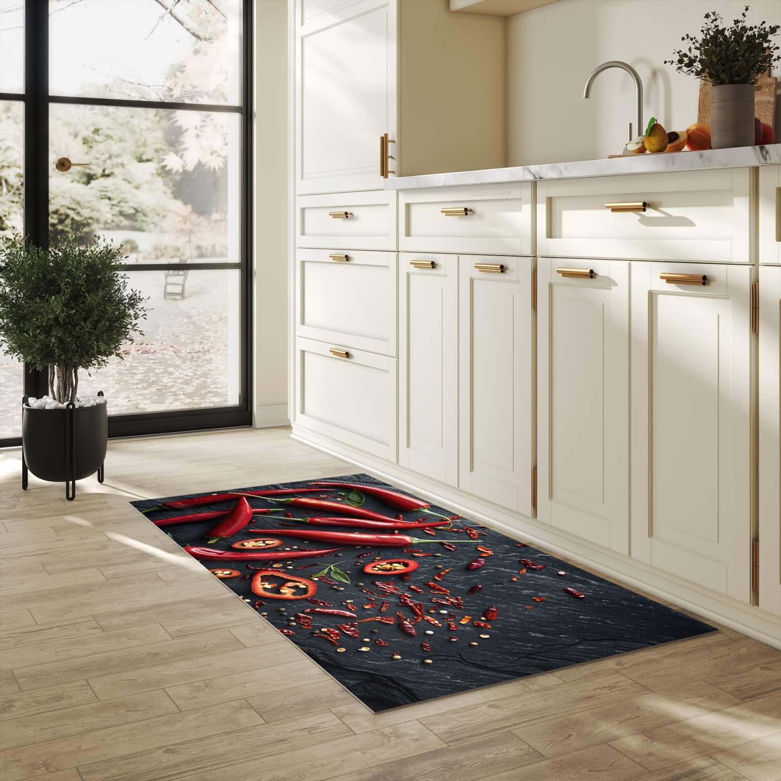 Geruchsneutraler Küchenläufer nach Maß mit Motiv Rote Chili Schoten in heller Küche