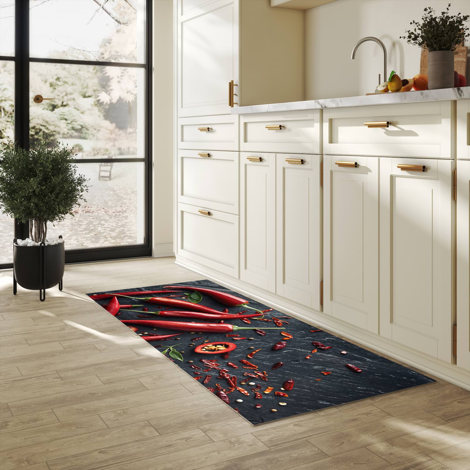Rutschfester Küchenläufer mit Motiv Rote Chili Schoten für Trittkomfort in heller Küche