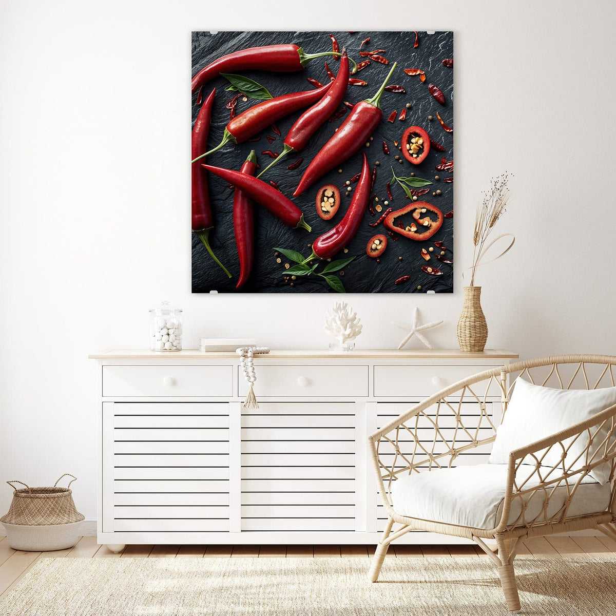 Echtglas, 4 mm – kein Acryl, keine Folie – Wandbild - Feurige Chilis - Quadratisch